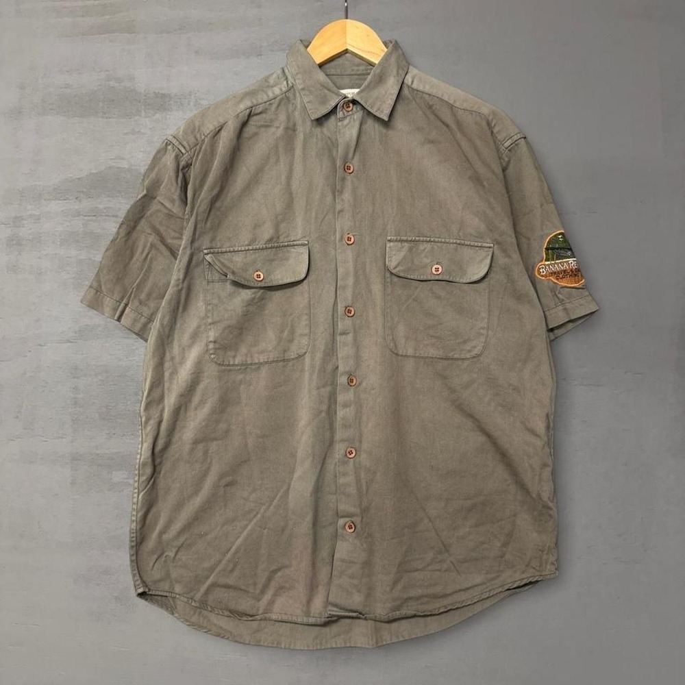 RARE Banana Republic Vintage Safari Shirt Olive Cotton Short Sleeve Patch Medium